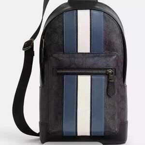 Coach West Pack Bag Sig Varsity Stripe Blue NWT Signature Charcoal